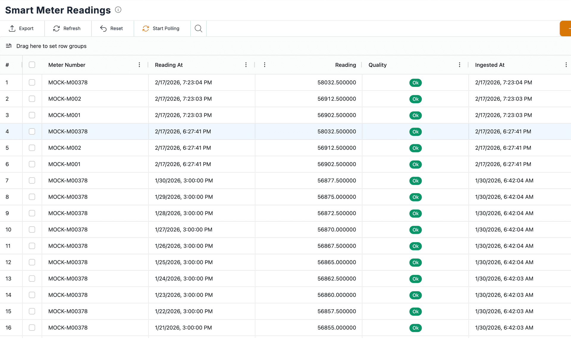 Smart meter readings table with meter number, reading at, quality, and ingested at