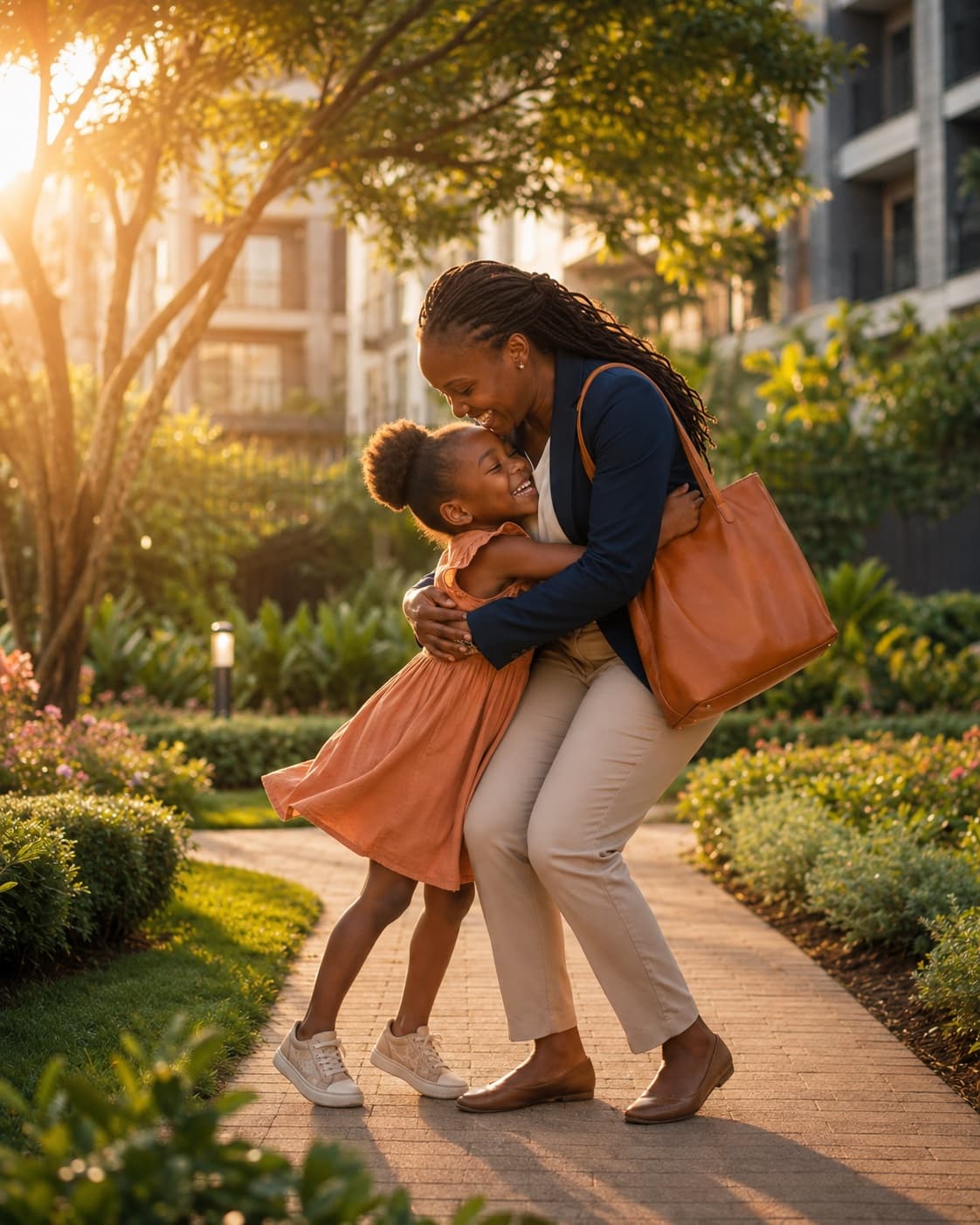 A property manager greeting her daughter after work